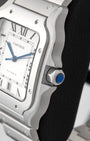 Side profile view showing the seven-sided crown set with a faceted blue synthetic spinel and stainless steel case on Cartier Santos WSSA0018
