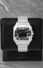 Pre-owned 2026 Cartier Santos de Cartier Large Model WSSA0096 black dial stainless steel watch at Noah's Fine Watches & Jewelry in Dallas, TX