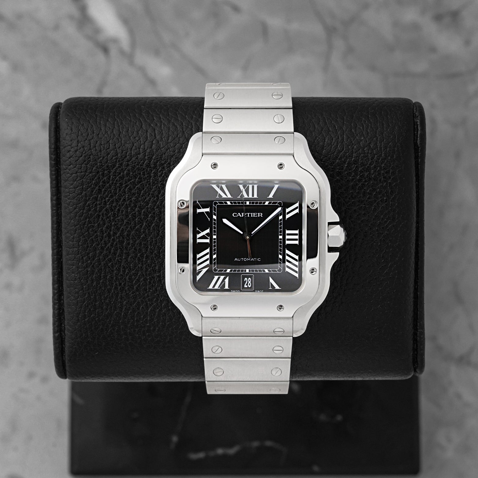 Pre-owned 2026 Cartier Santos de Cartier Large Model WSSA0096 black dial stainless steel watch at Noah's Fine Watches & Jewelry in Dallas, TX