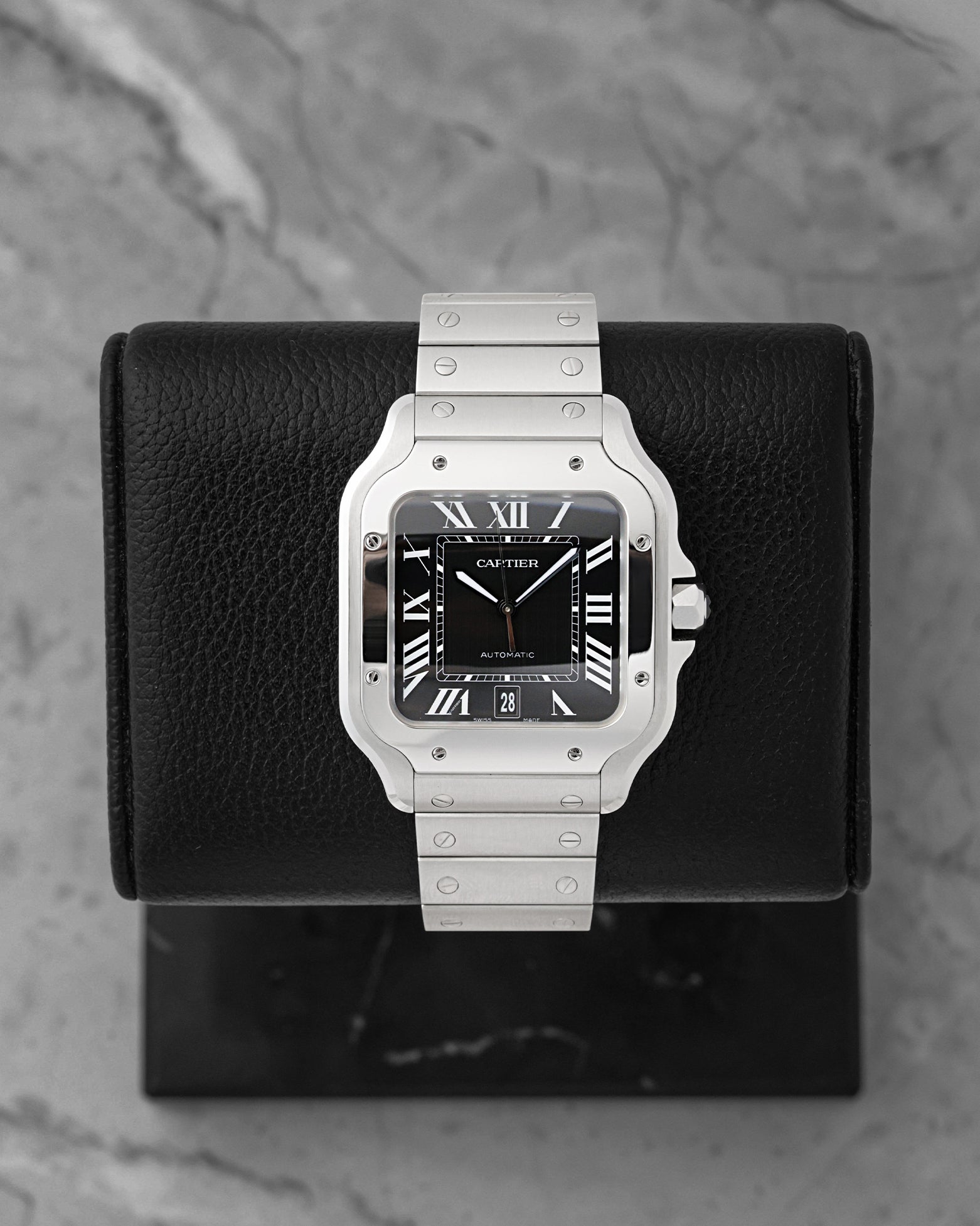 Pre-owned 2026 Cartier Santos de Cartier Large Model WSSA0096 black dial stainless steel watch at Noah's Fine Watches & Jewelry in Dallas, TX