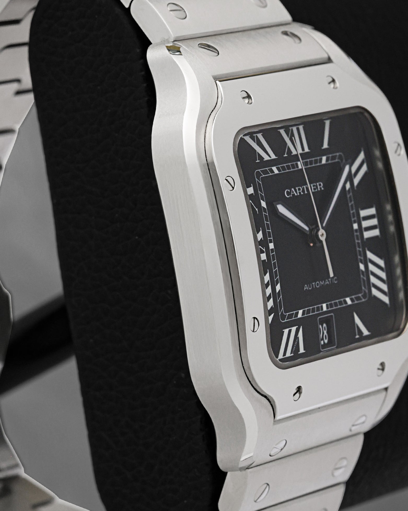 Side profile view of the 2026 Cartier Santos de Cartier WSSA0096 large model stainless steel case