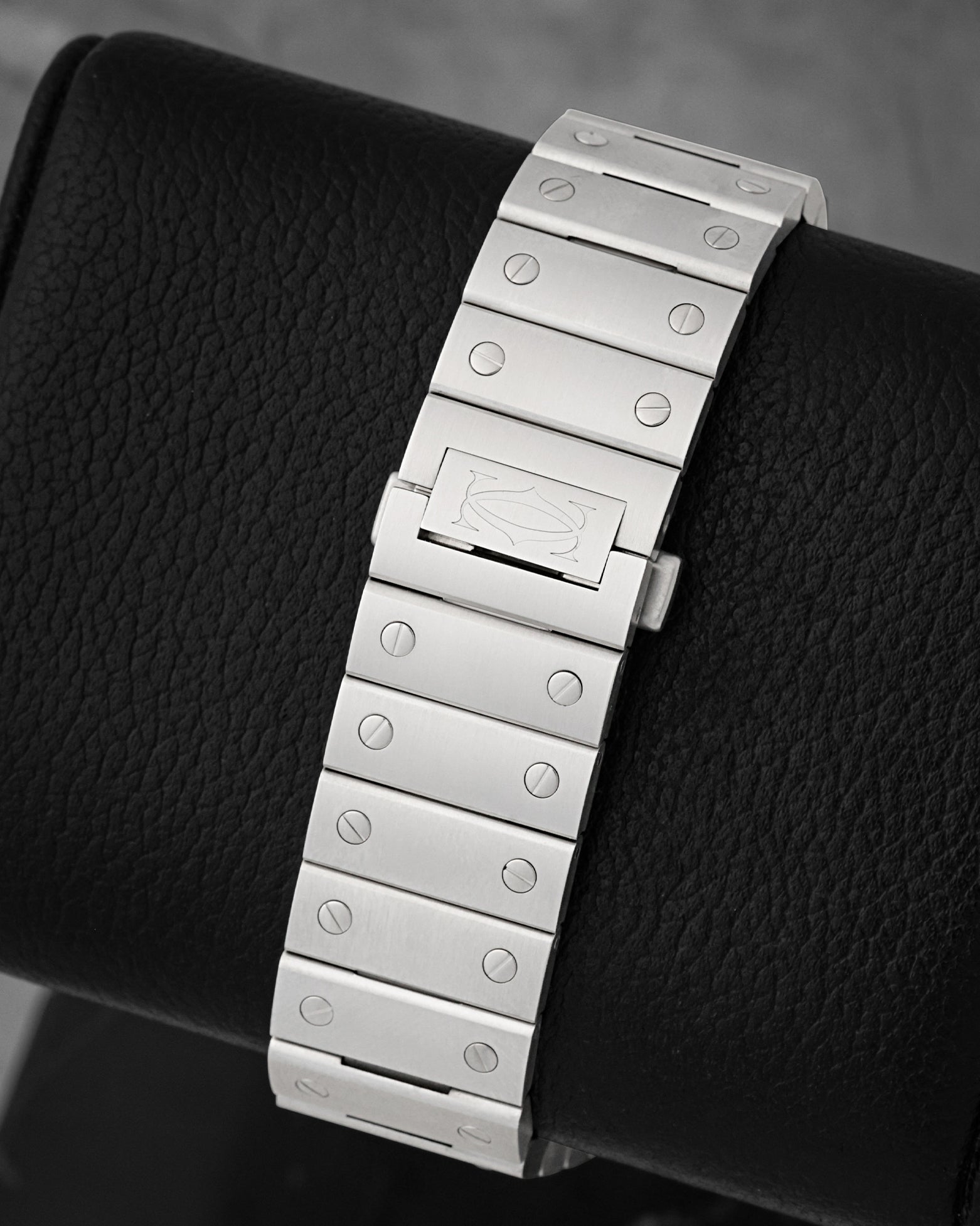 Rear view of the stainless steel SmartLink bracelet and folding clasp for Cartier Santos WSSA0096