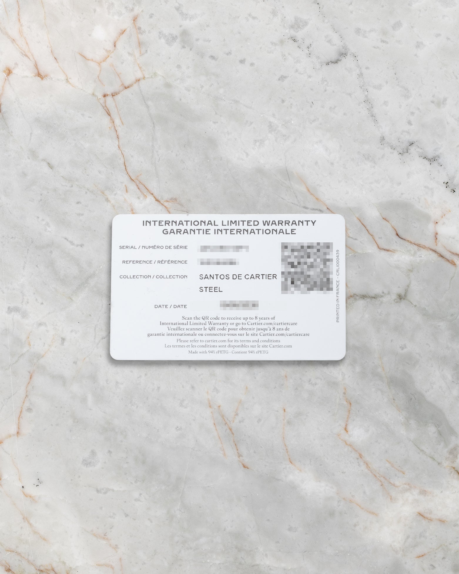 Original Cartier international warranty card for pre-owned 2026 Santos de Cartier WSSA0096
