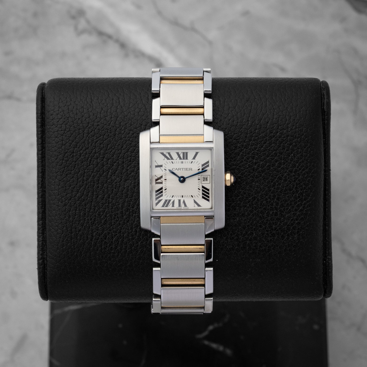 Cartier Tank Française Medium watch in 18k yellow gold and stainless steel with a silver grained Roman numeral dial
