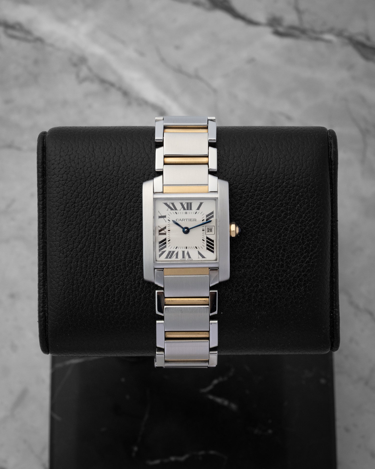 Cartier Tank Française Medium watch in 18k yellow gold and stainless steel with a silver grained Roman numeral dial