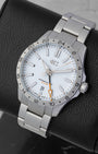 Front angled view of a 2025 Christopher Ward C63 Sealander GMT white dial automatic watch at Noah's Fine Watches in Dallas