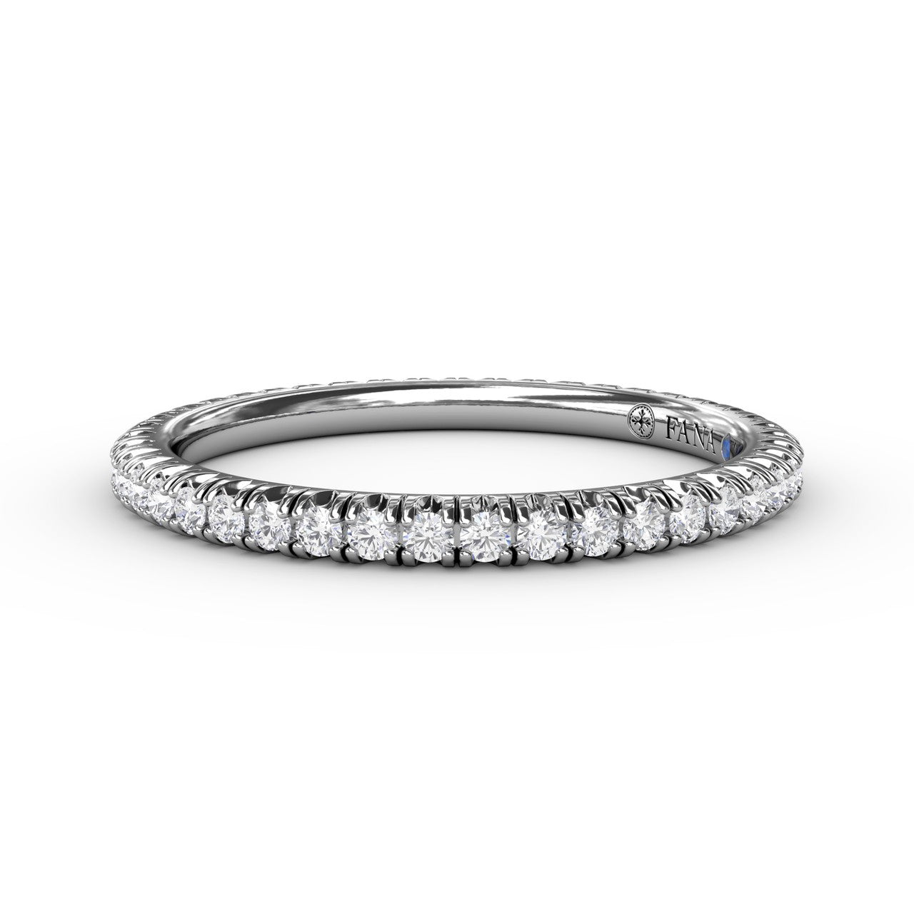 Fana 14k white gold diamond wedding ring, style W6107, showcasing a delicate 0.44 carat continuous circle of modern micro pavé round diamonds with refined edges