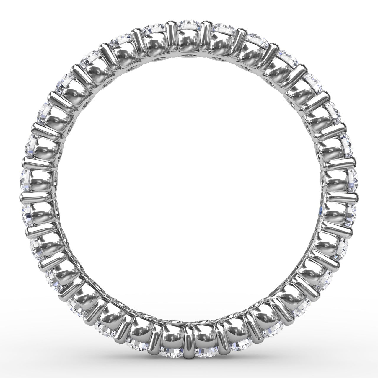 Circular profile view of the Fana W6125 white gold eternity band, highlighting the uniform 1.0 carat round diamond placement and scalloped shared-prong open gallery