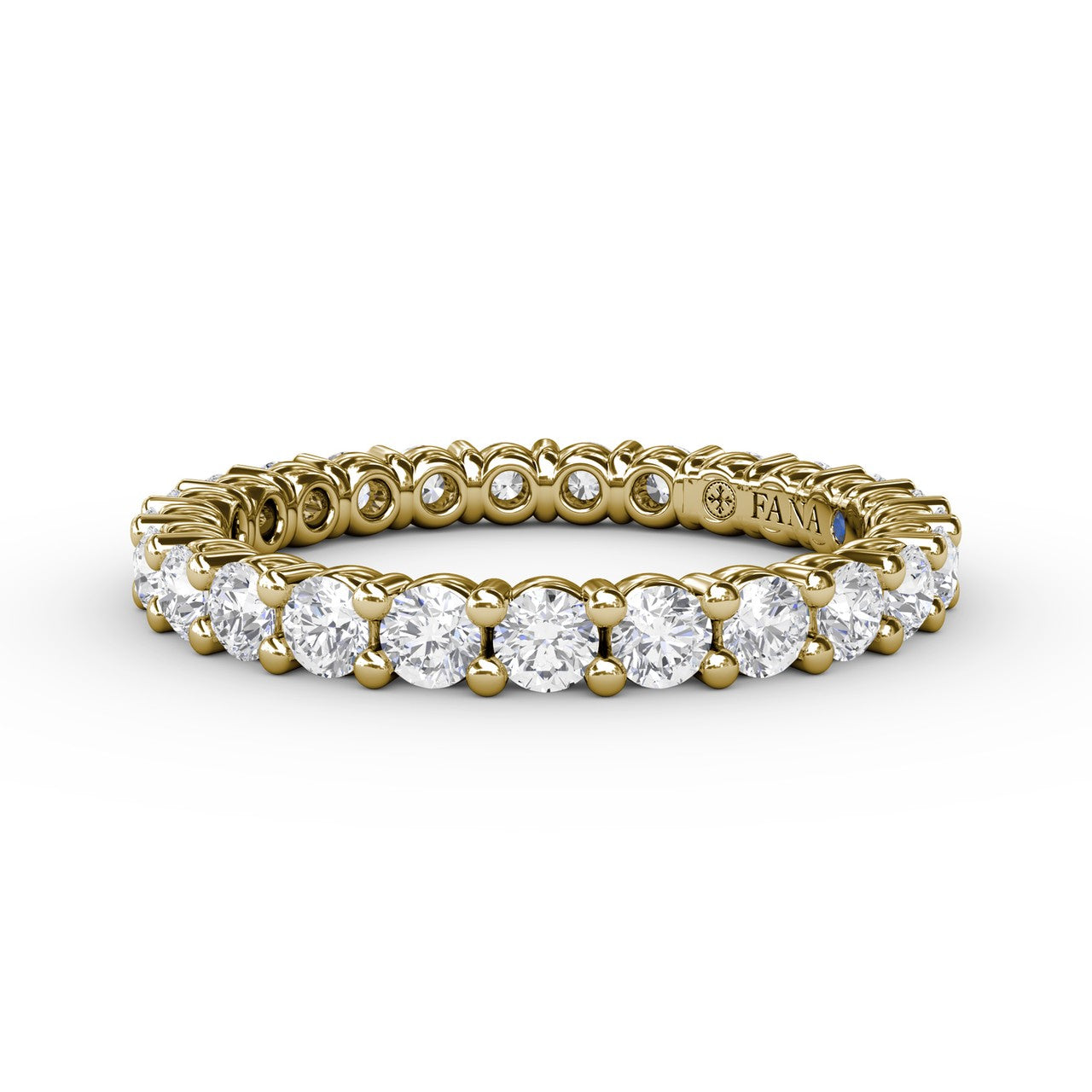 Fana 14k yellow gold diamond eternity ring, style W6126, showcasing a 1.25 carat continuous full circle of round brilliant diamonds in a warm shared prong setting