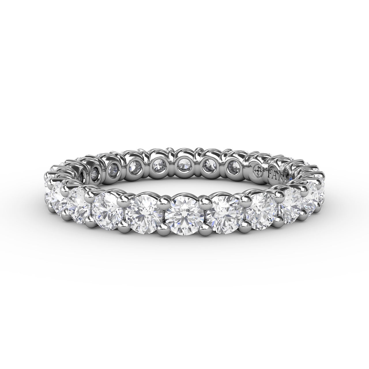 14k white gold diamond eternity band, style W6113, featuring a continuous circle of 1.44 carats of round brilliant diamonds in a classic shared prong setting