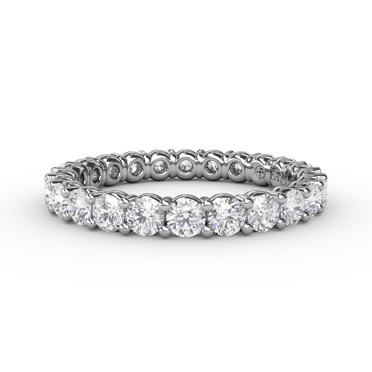 Fana 14k white gold diamond eternity ring, style W6127, showcasing a 1.44 carat continuous full circle of round brilliant diamonds in a timeless shared prong layout