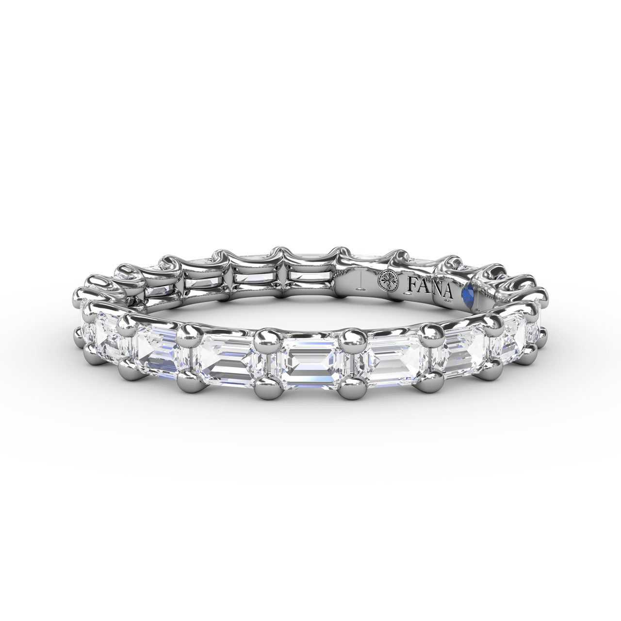Fana 14k white gold diamond eternity band, style W6142, showcasing a 1.59 carat continuous circle of horizontally set emerald cut diamonds in a shared prong layout