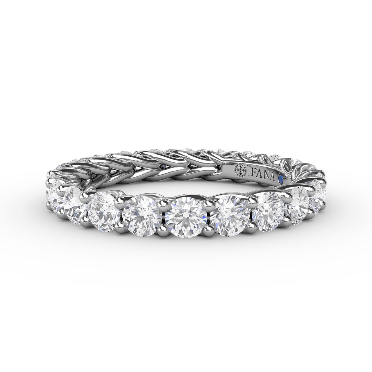 Fana 14k white gold woven diamond eternity band, style W6136, featuring a continuous circle of 1.98 carats of round brilliant diamonds on a braided metal setting