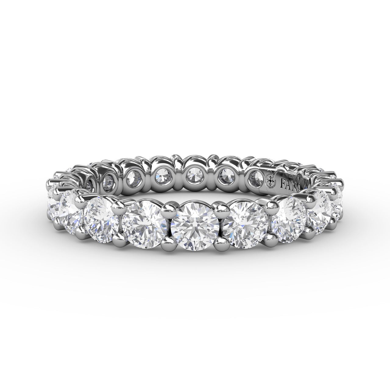 Fana 14k white gold diamond eternity ring, style W6128, showcasing a 2.05 carat continuous full circle of round brilliant diamonds in a striking shared prong layout