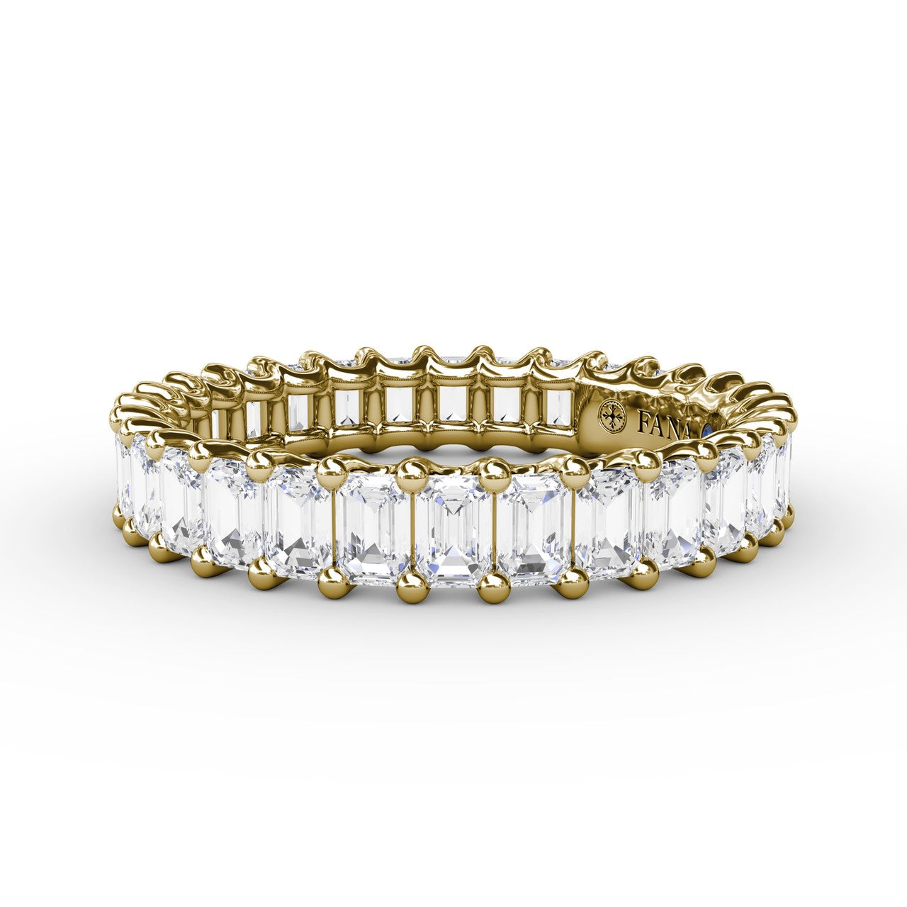 Fana 14k yellow gold diamond wedding band, style W6143, showcasing a 2.39 carat continuous circle of vertical emerald cut diamonds in a warm shared prong setting