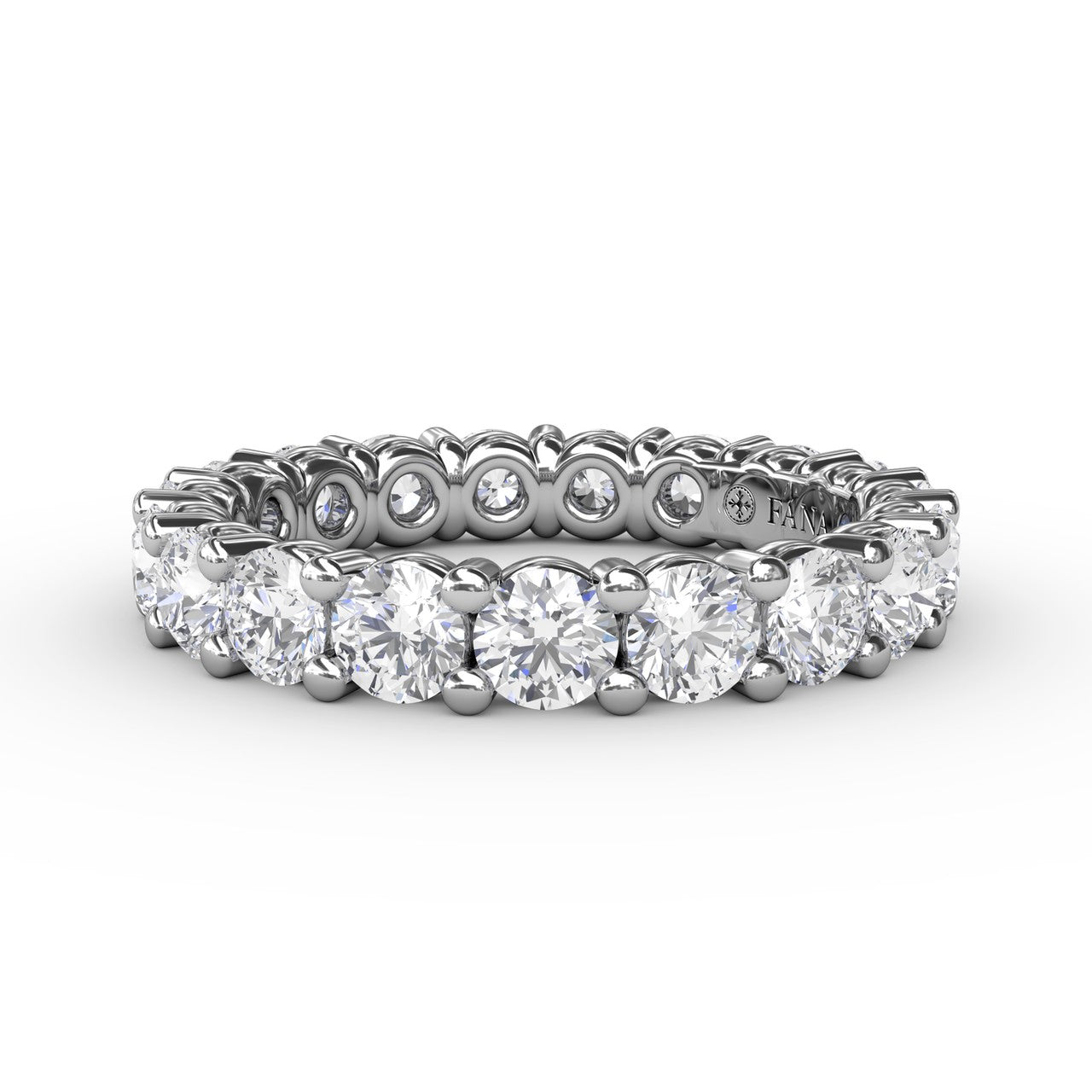 Fana 14k white gold diamond wedding ring, style W6129 with a 2.47 carat continuous circle of round brilliant diamonds in a chunky shared prong layout