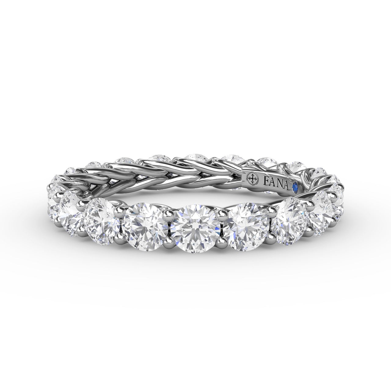 Fana 14k white gold woven diamond eternity band, style W6137, featuring a continuous circle of 2.54 carats of round brilliant diamonds on an interlocking braided metal setting