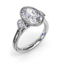Fana 14k white gold three stone engagement ring setting, style S4379, featuring a full bezel-set oval cut center diamond and two bezel-set oval side diamonds