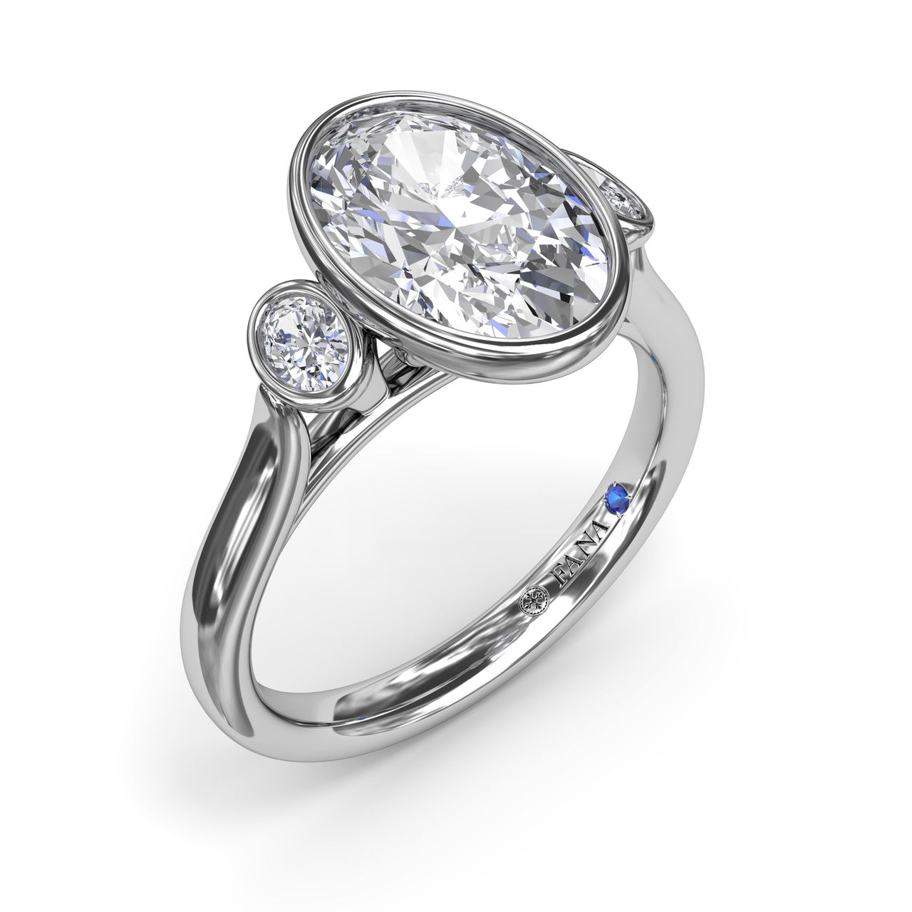 Fana 14k white gold three stone engagement ring setting, style S4379, featuring a full bezel-set oval cut center diamond and two bezel-set oval side diamonds