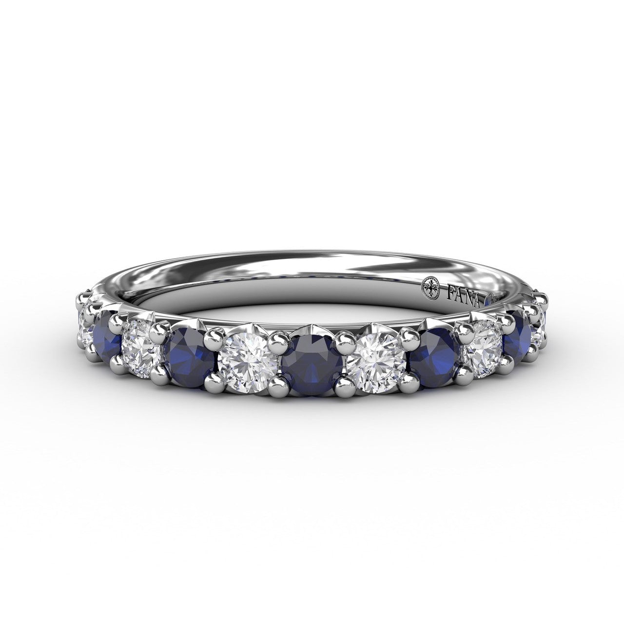 Fana 14k white gold wedding band, style W6203S with a continuous alternating row of round blue sapphires and brilliant white diamonds