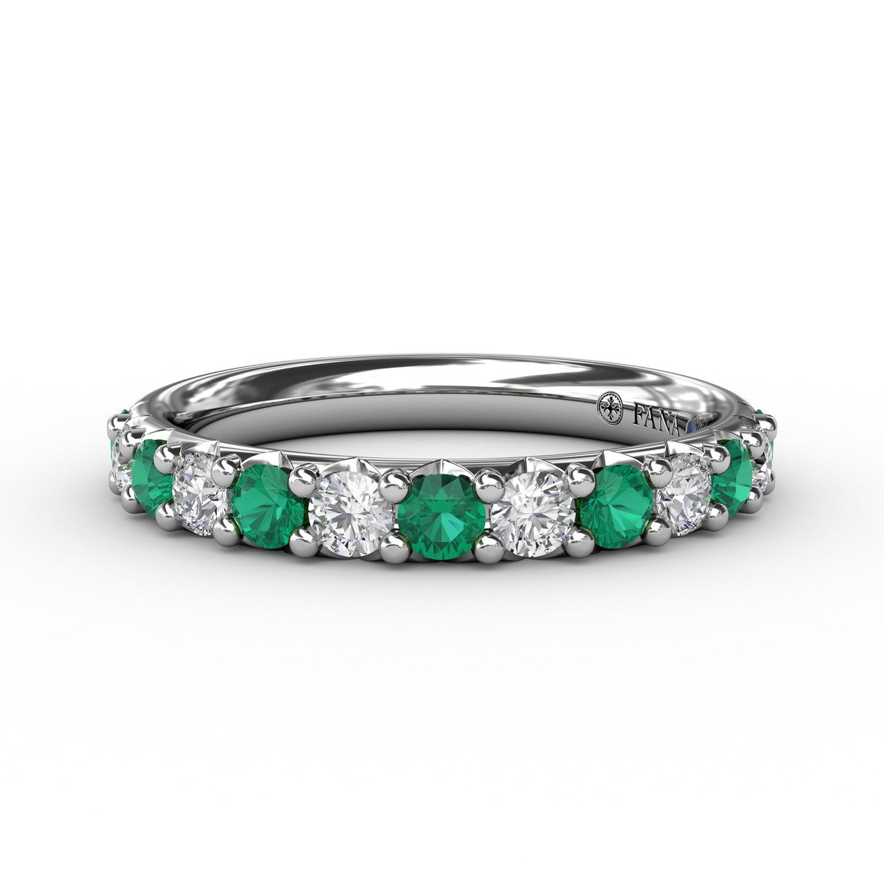 Fana 14k white gold anniversary band, style W6203E with a continuous alternating row of round green emeralds and brilliant white diamonds