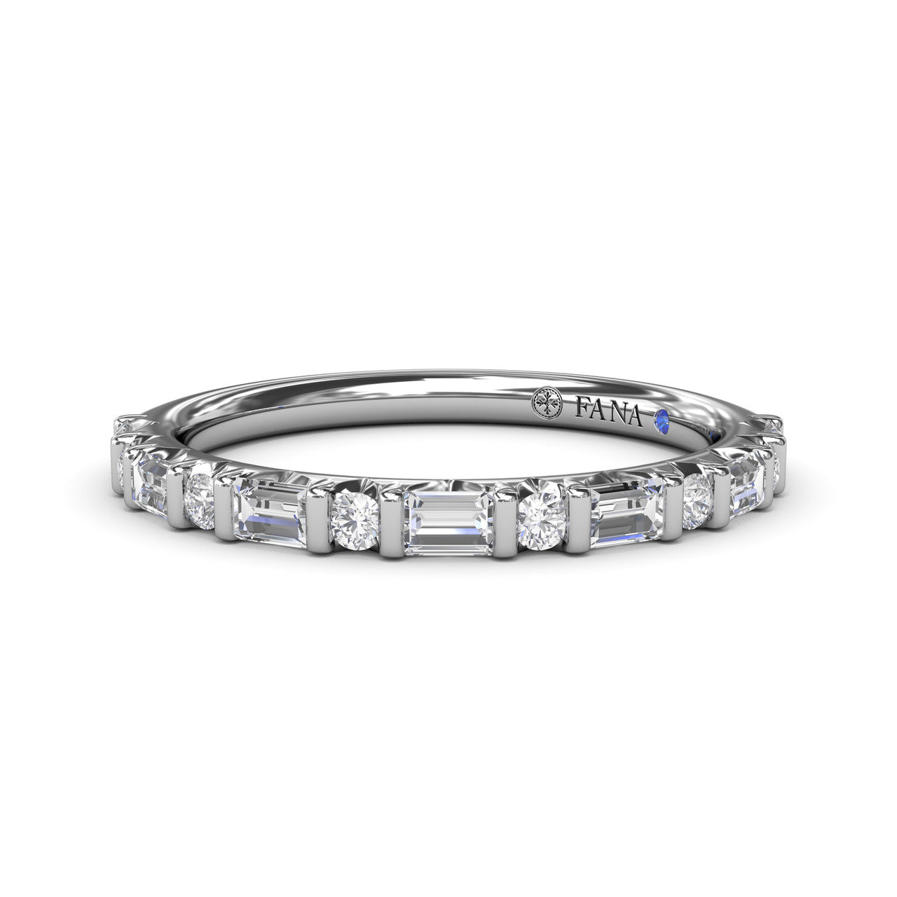 Fana 14k white gold diamond wedding band, style W7493 with an alternating pattern of horizontal emerald cut and round brilliant diamonds