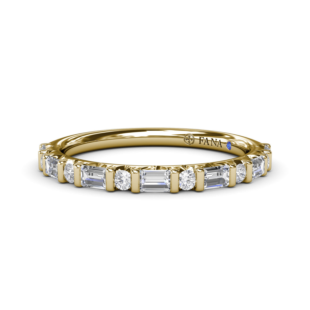 Fana 14k yellow gold diamond wedding band, style W7493 with an alternating pattern of horizontal emerald cut and round brilliant diamonds