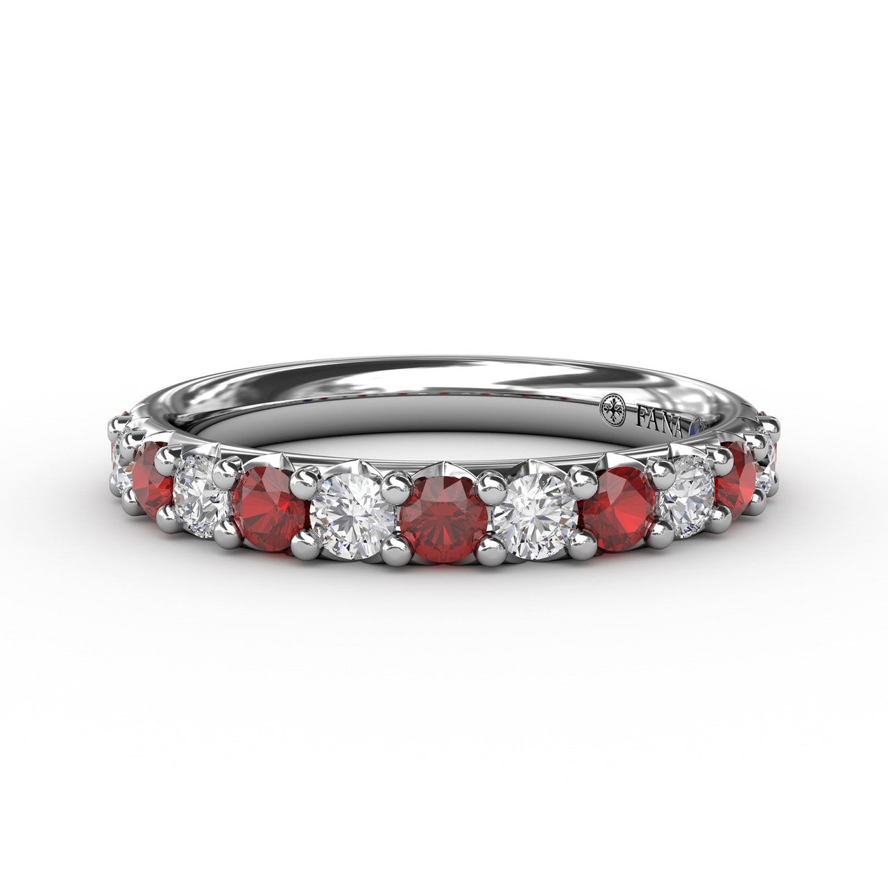 Fana 14k white gold anniversary band, style W6203R, featuring a continuous alternating row of round red rubies and brilliant white diamonds