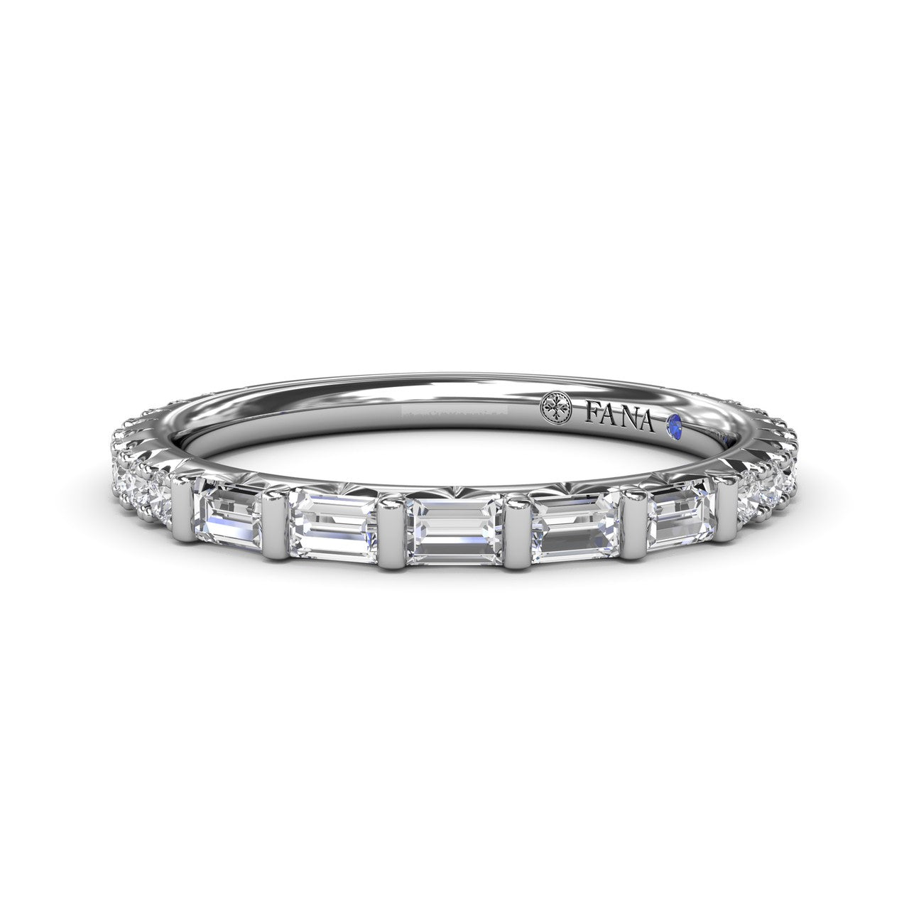 Fana W4262 wedding band in 14kt white gold featuring horizontally set baguette diamonds in a bar-set eternity design over a white background