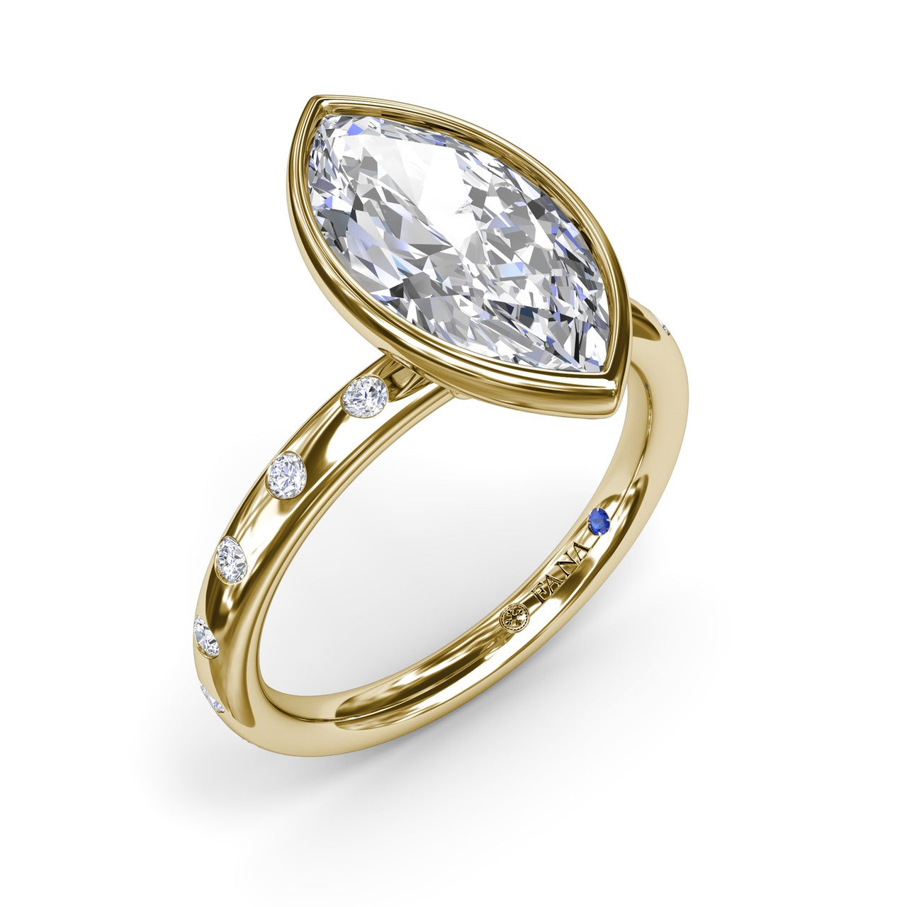Fana 14k yellow gold engagement ring setting, style S4351 with a full bezel set marquise center diamond on a band with flush-set round diamond accents