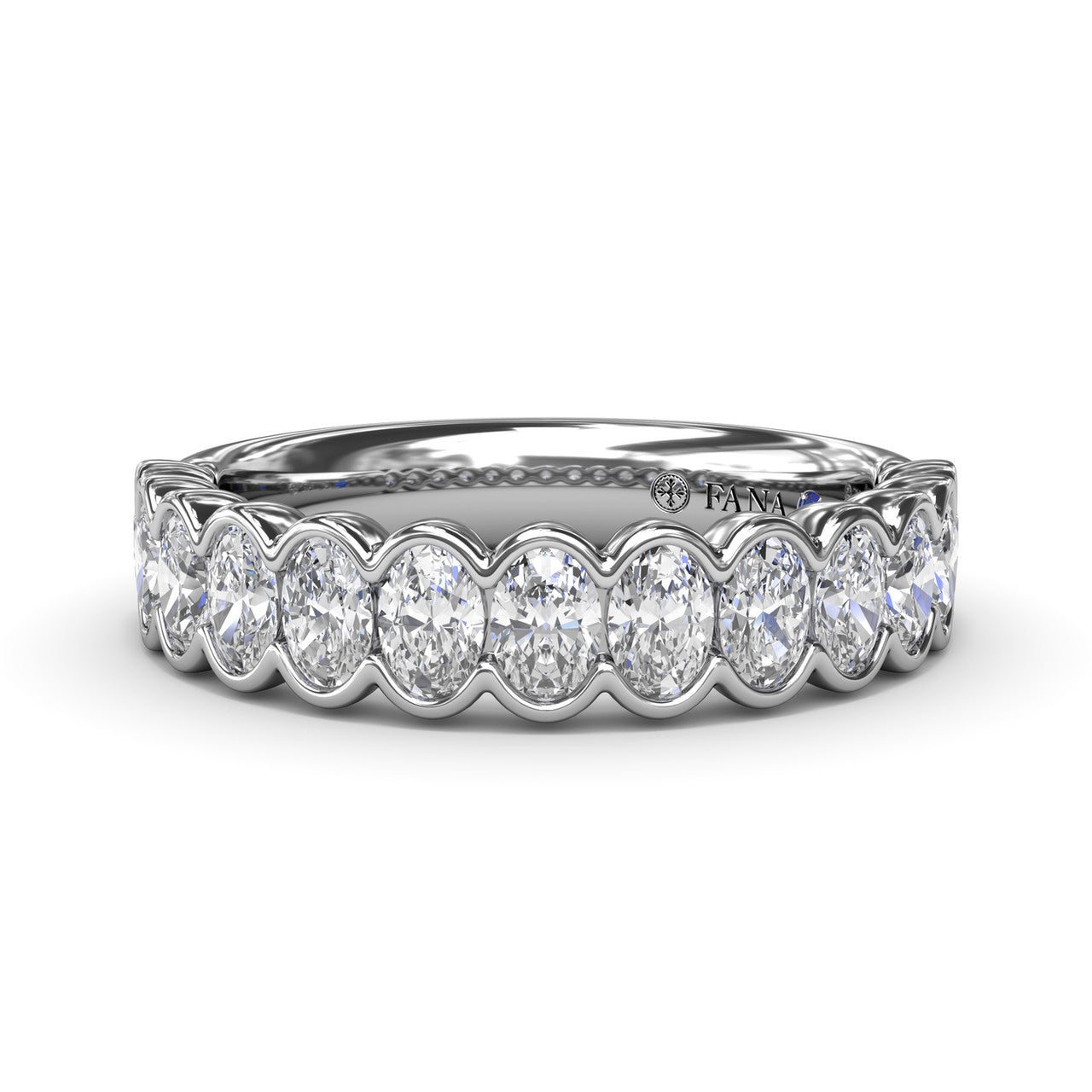 Fana 14k white gold wedding band, style W4379, featuring vertically oriented oval diamonds in a continuous scalloped bezel setting