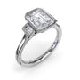 Fana 14k white gold three stone engagement ring setting, S4278, with a full bezel-set emerald cut center diamond and bezel set baguette side stones