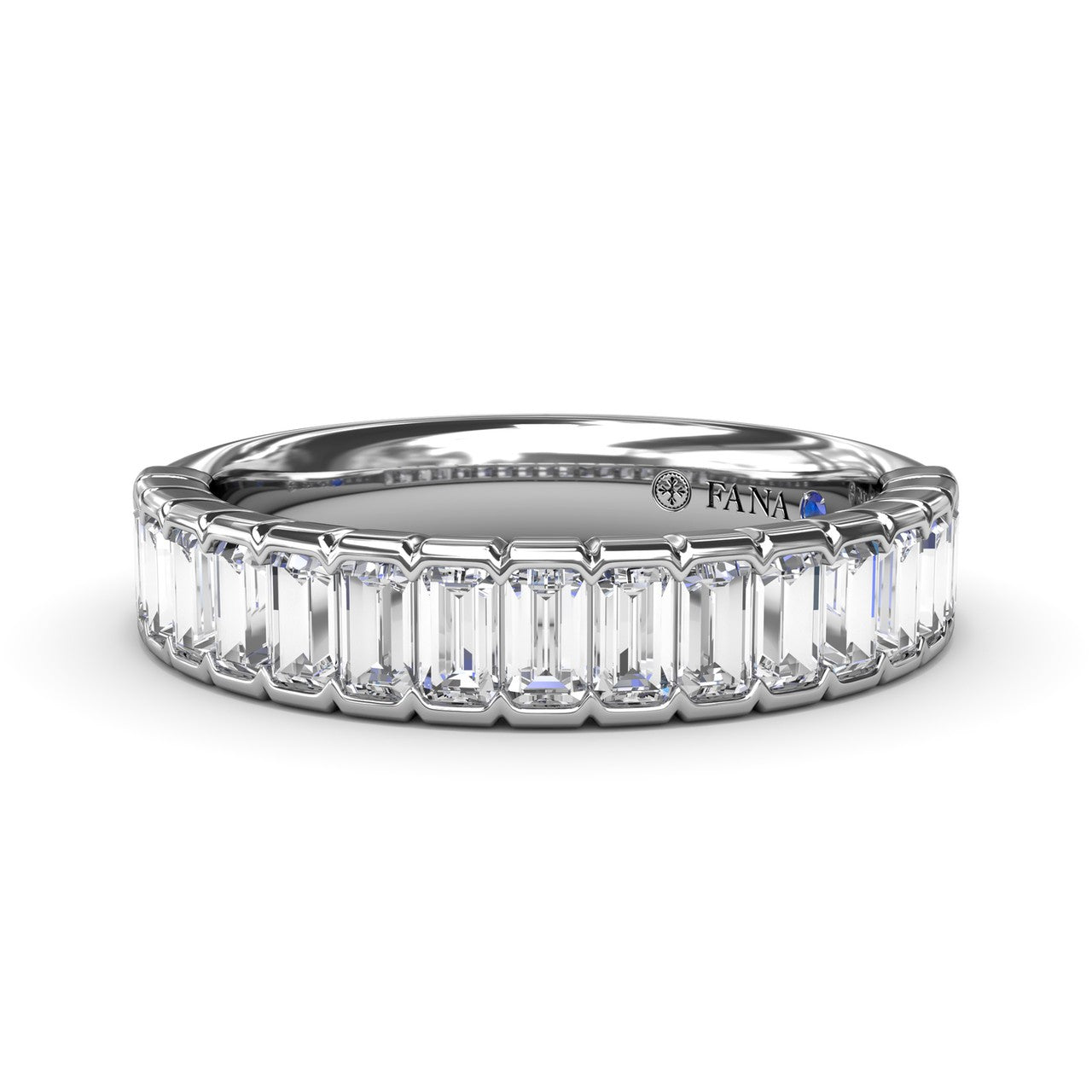 Fana 14k white gold wedding band, style W4378, featuring a continuous row of vertically oriented baguette diamonds in a full bezel setting