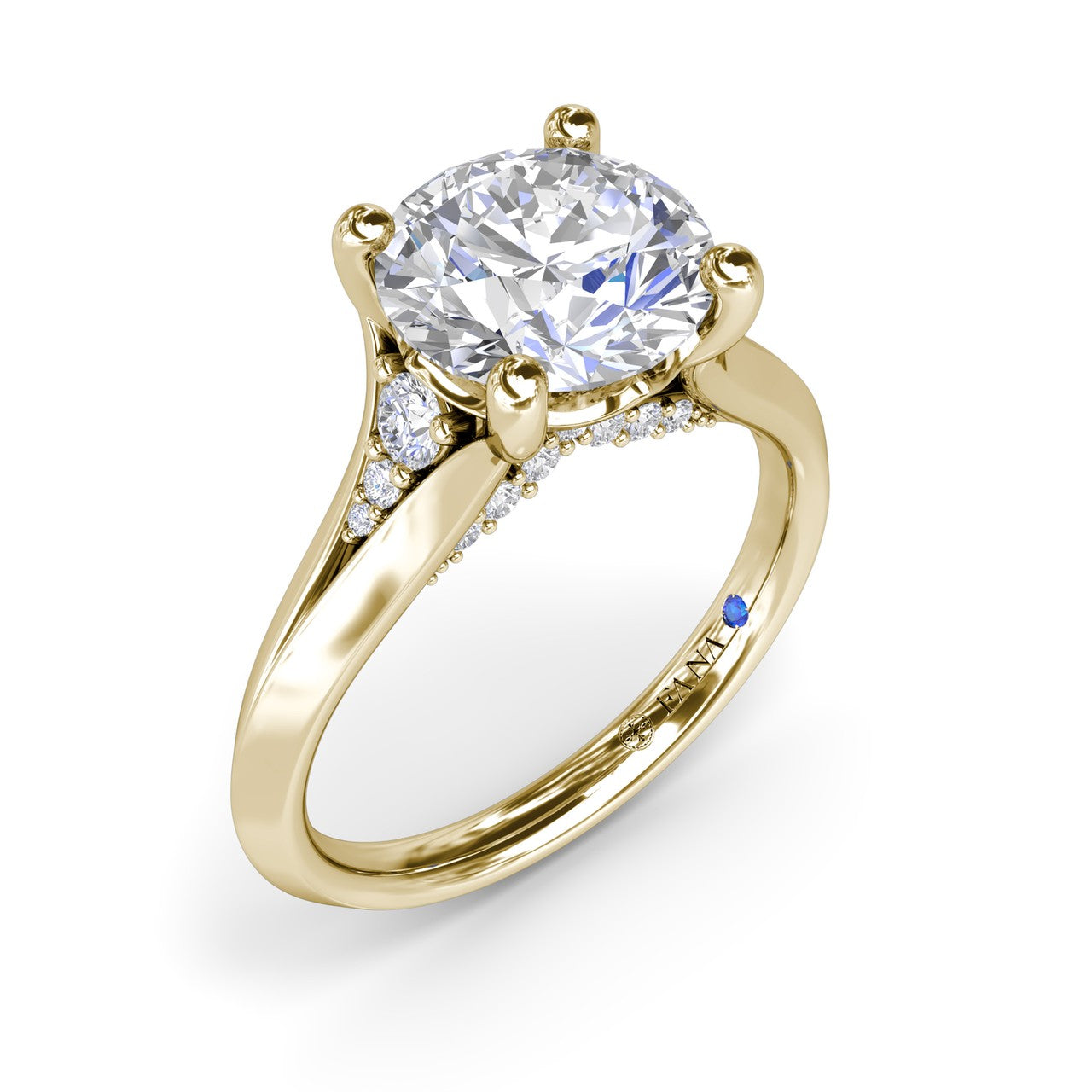 Fana 14k yellow gold pavé diamond engagement ring setting, style S4381, with elegant cathedral shoulders, a four prong head for a round diamond center stone