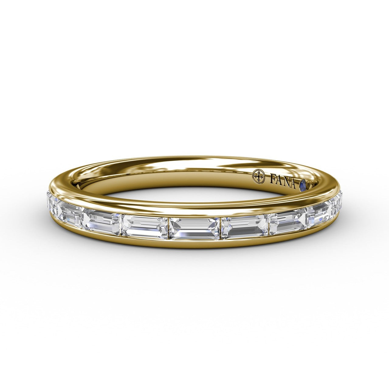 Fana 14k yellow gold baguette diamond wedding band, style W3289, featuring a sleek channel-set row of horizontal baguette diamonds
