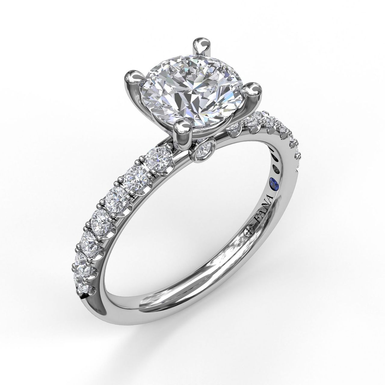 Fana 14k white gold pavé diamond engagement ring setting, style S3846, showing a high-set four-prong basket for a round center stone and a diamond-accented band