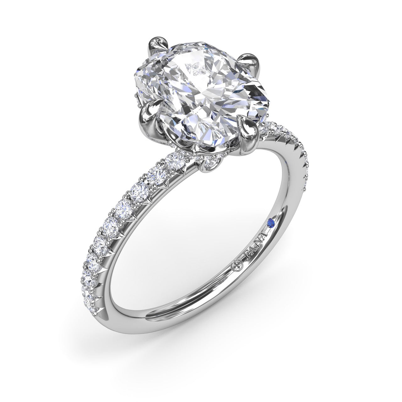 Fana 14k white gold pavé diamond engagement ring setting, style S4363, displaying an elegant double-prong corner setting for a cushion center stone and a slender diamond-accented band
