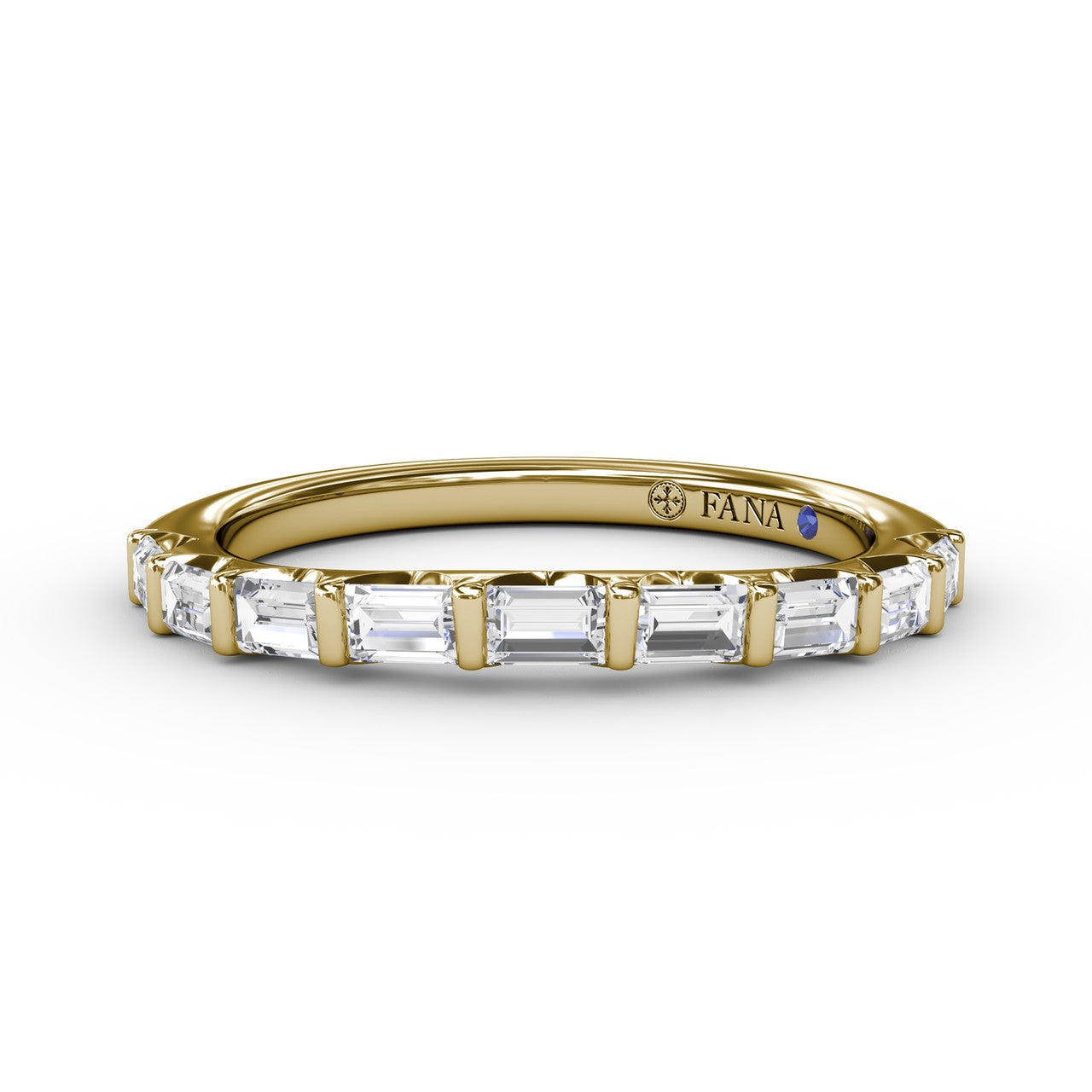Fana 14k yellow gold baguette diamond wedding band, style W4108, featuring horizontally set bar-prong baguette cut diamonds