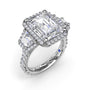 Fana emerald cut halo three stone engagement ring, style S4280 with custom-framed trapezoid diamond side stones and a pavé diamond band
