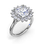 Fana 14k white gold floral halo engagement ring, style S4223 with a round brilliant center diamond framed by a vintage-inspired diamond petal border
