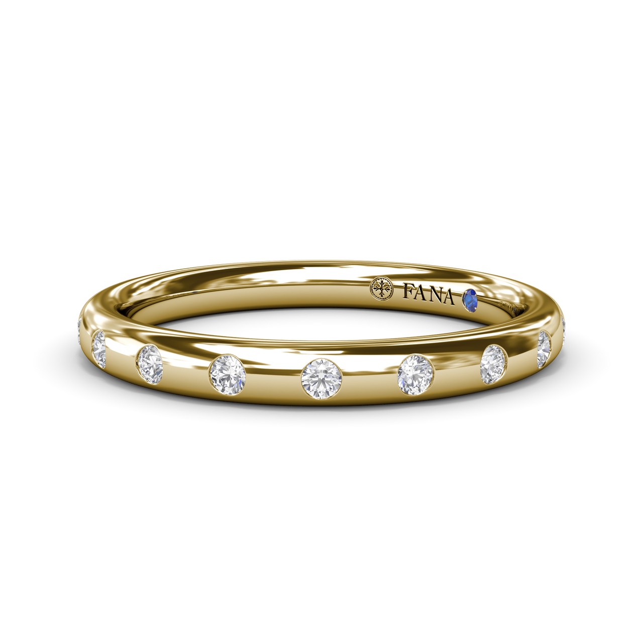 Fana 14k yellow gold flush set diamond wedding band, style W4353 with round diamonds burnished into a smooth dome band
