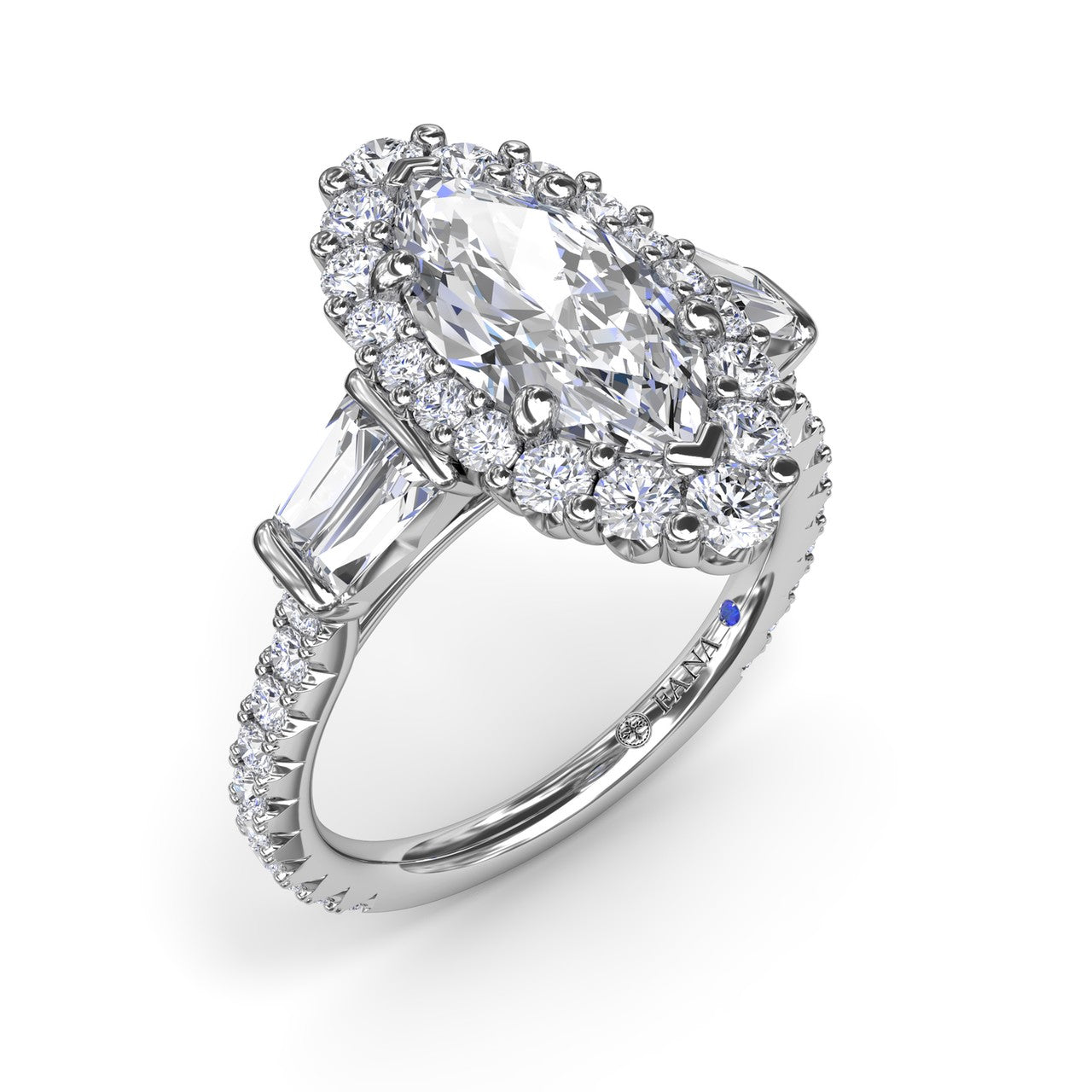 Fana marquise diamond halo engagement ring, style S4262 with tapered baguette side stones and a pavé diamond band