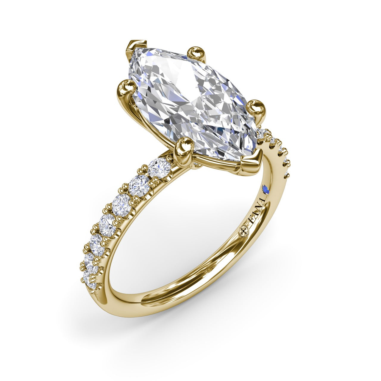 Fana 14k yellow gold pavé diamond engagement ring setting, style S4350, showing a six-prong head with a marquise center diamond and a slender diamond-accented band