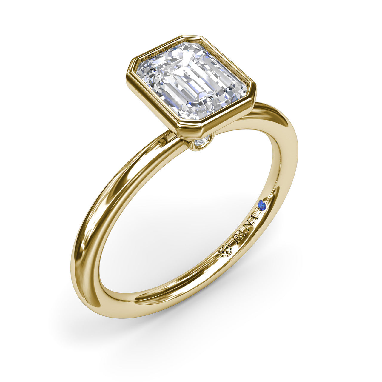 Fana modern solitaire engagement ring, style S4067 with an emerald cut diamond secured in a full gold bezel setting on a polished band
