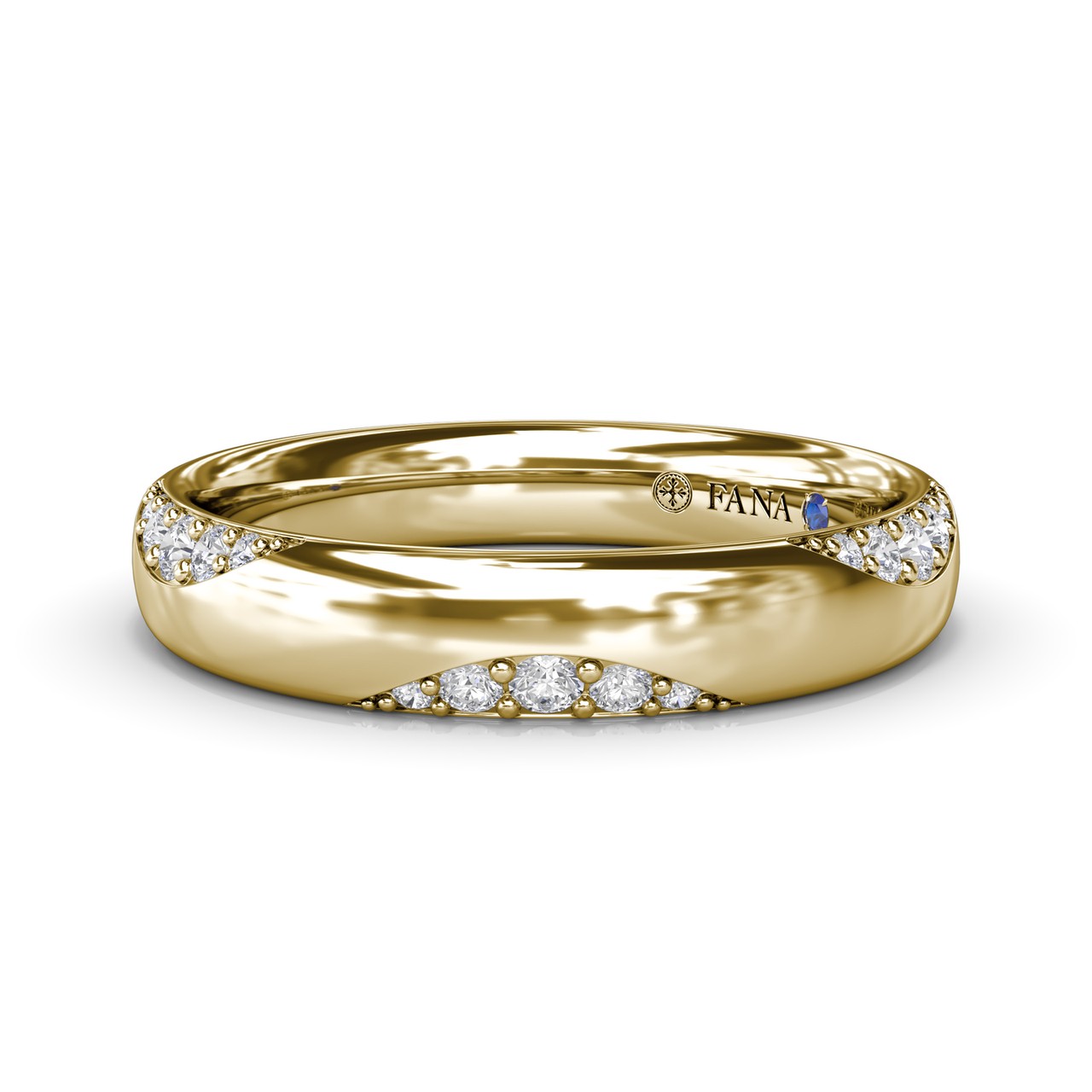 Fana 14k yellow gold modern wide diamond wedding band, style W4432, featuring scattered round pave diamonds set into carved dome segments