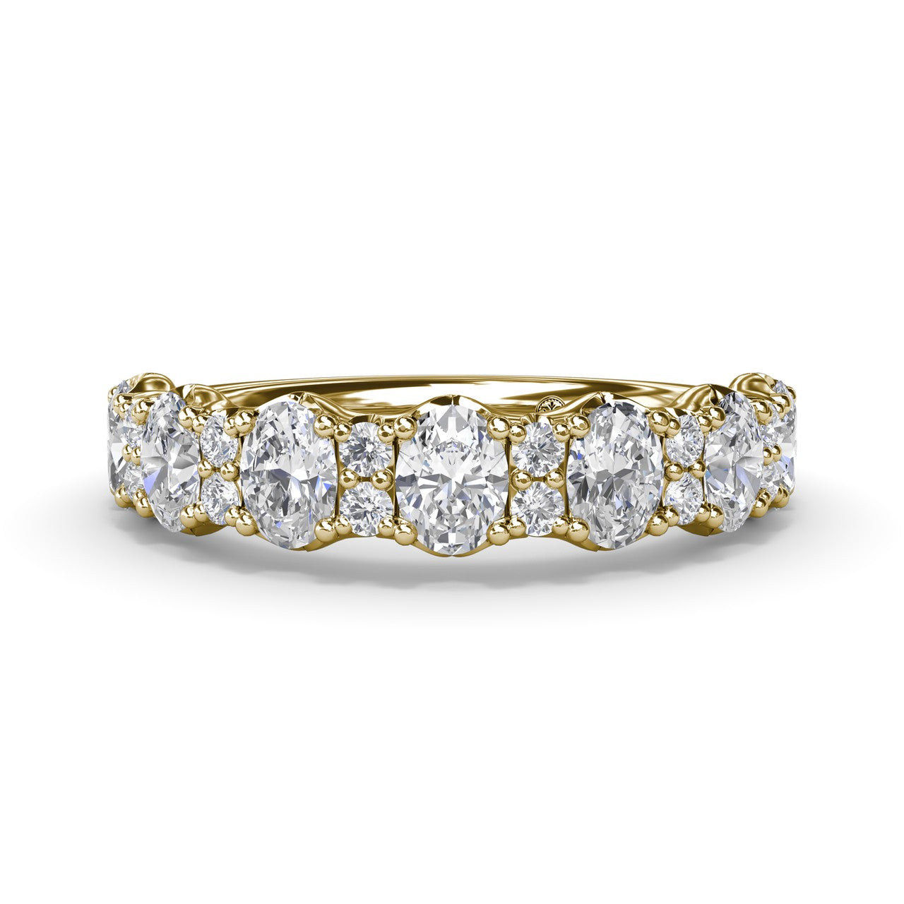 Fana 14k yellow gold diamond wedding band, style W6655, featuring an alternating pattern of large oval diamonds and clustered round brilliant diamonds