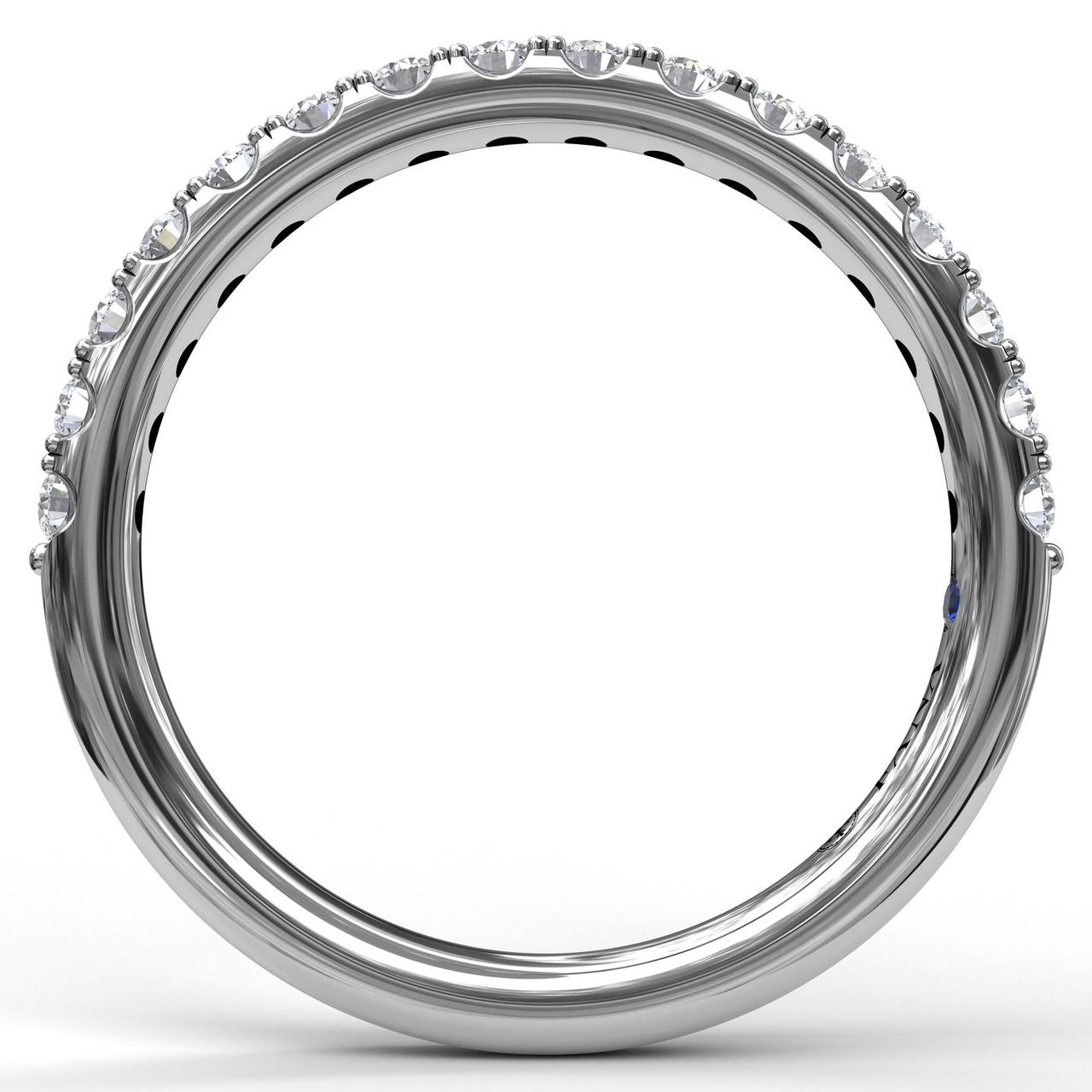 Side profile and circular layout view of the Fana 14kt white gold pavé diamond ring with an exposed scalloped side profile designed for maximum brilliance