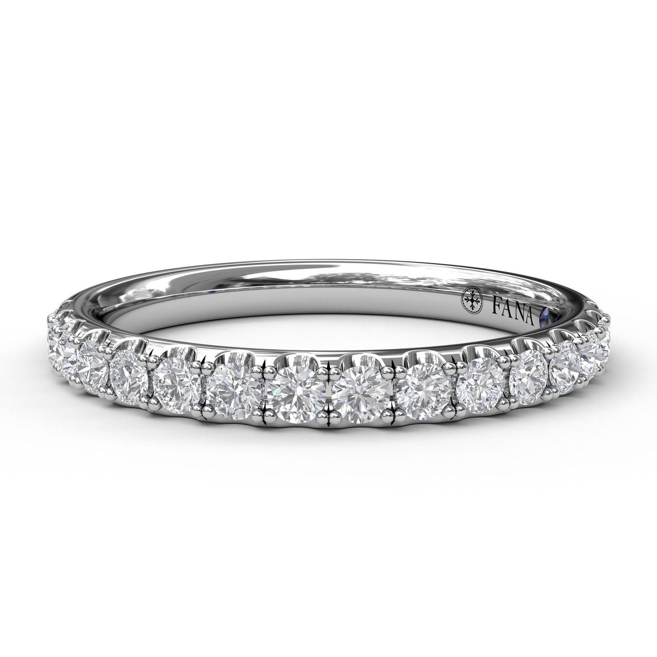 Fana 14k white gold pavé round diamond wedding band featuring a continuous row of brilliant cut diamonds in a deep cut setting