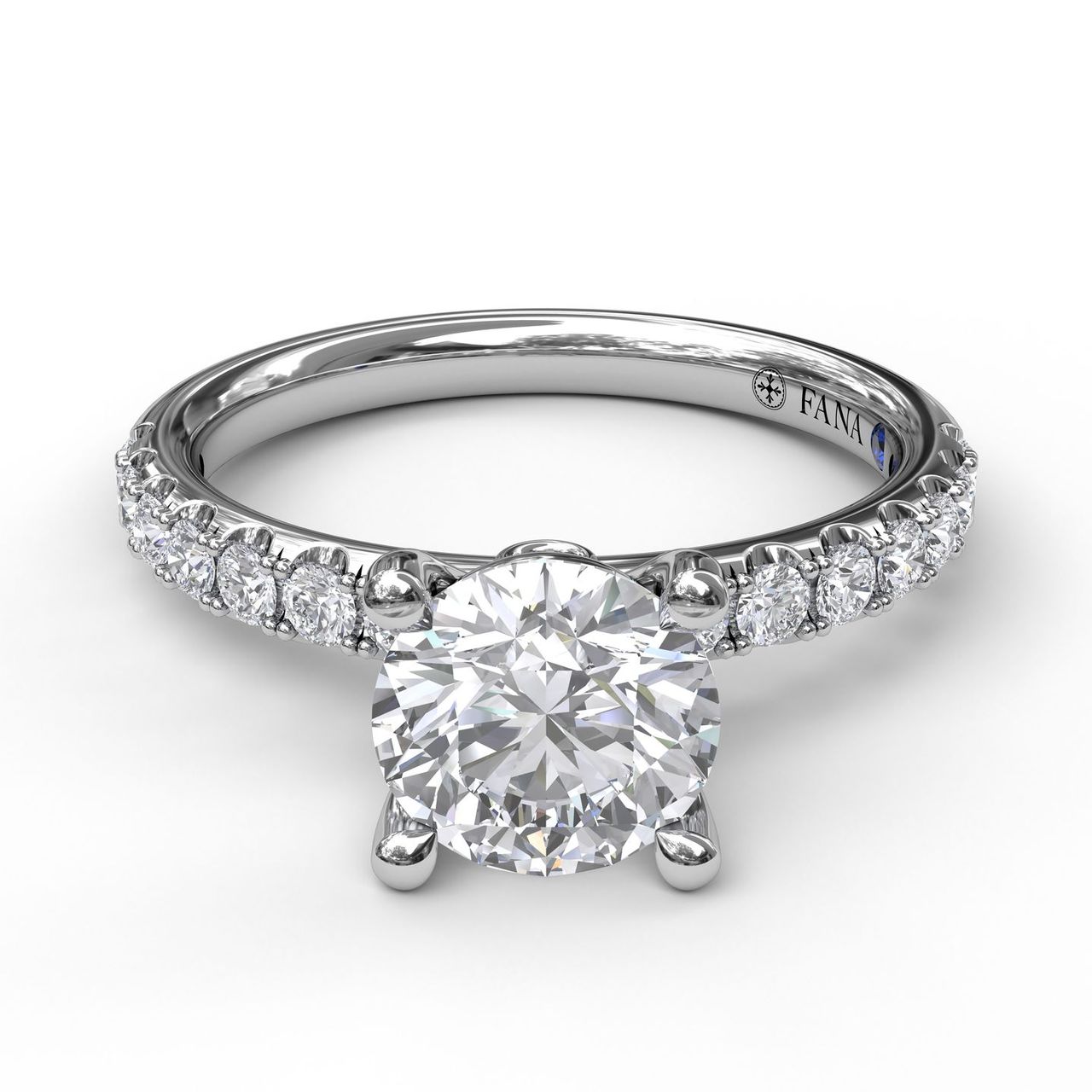 Forward-facing studio view of the Fana S3846 pavé diamond engagement ring setting, showcasing the uniform diamond band and polished crown layout