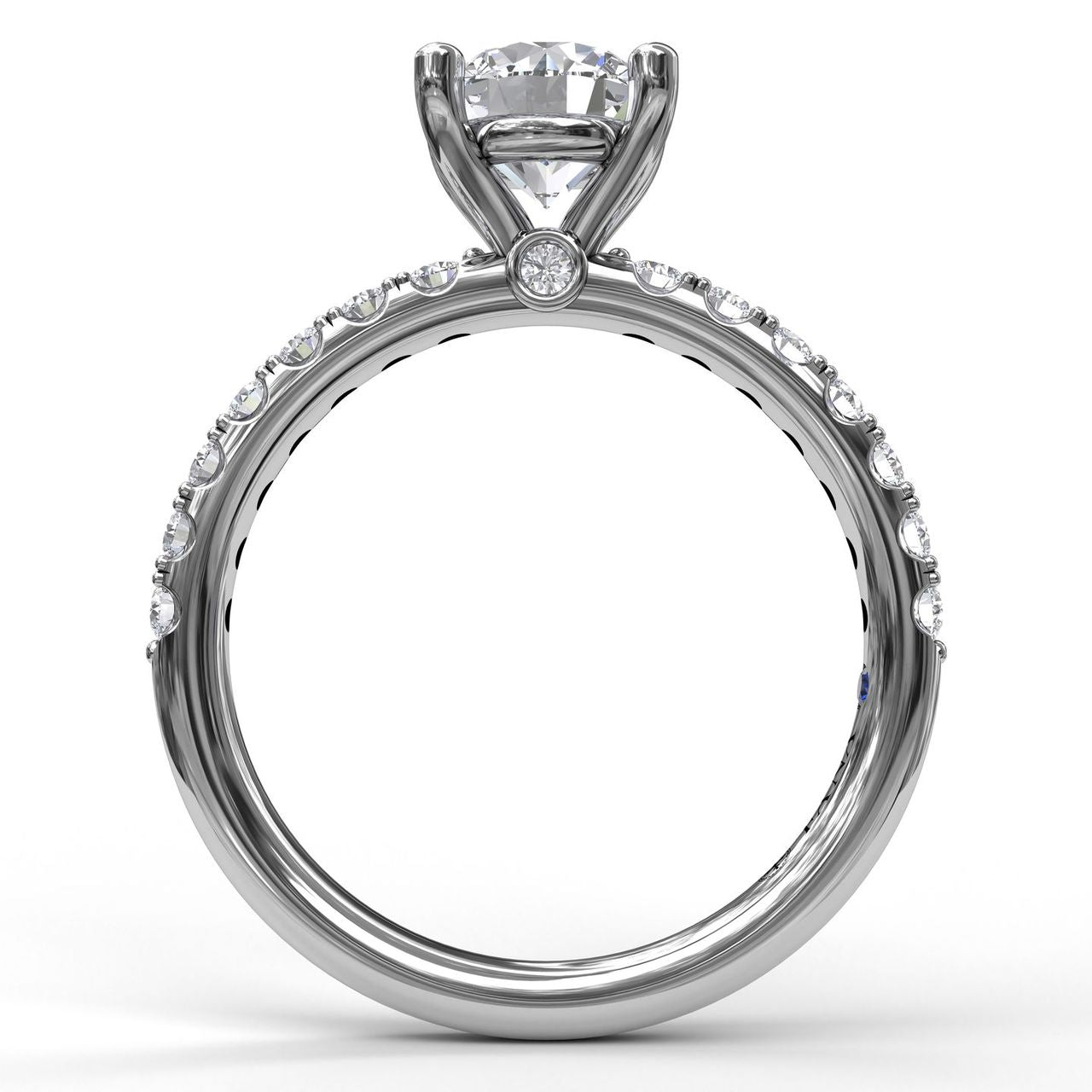 Silhouette side profile view of the Fana S3846 engagement ring setting, highlighting the refined cathedral shoulders and a signature hidden sapphire peek-a-boo gemstone under the head at Noah's Fine Watches & Jewelry